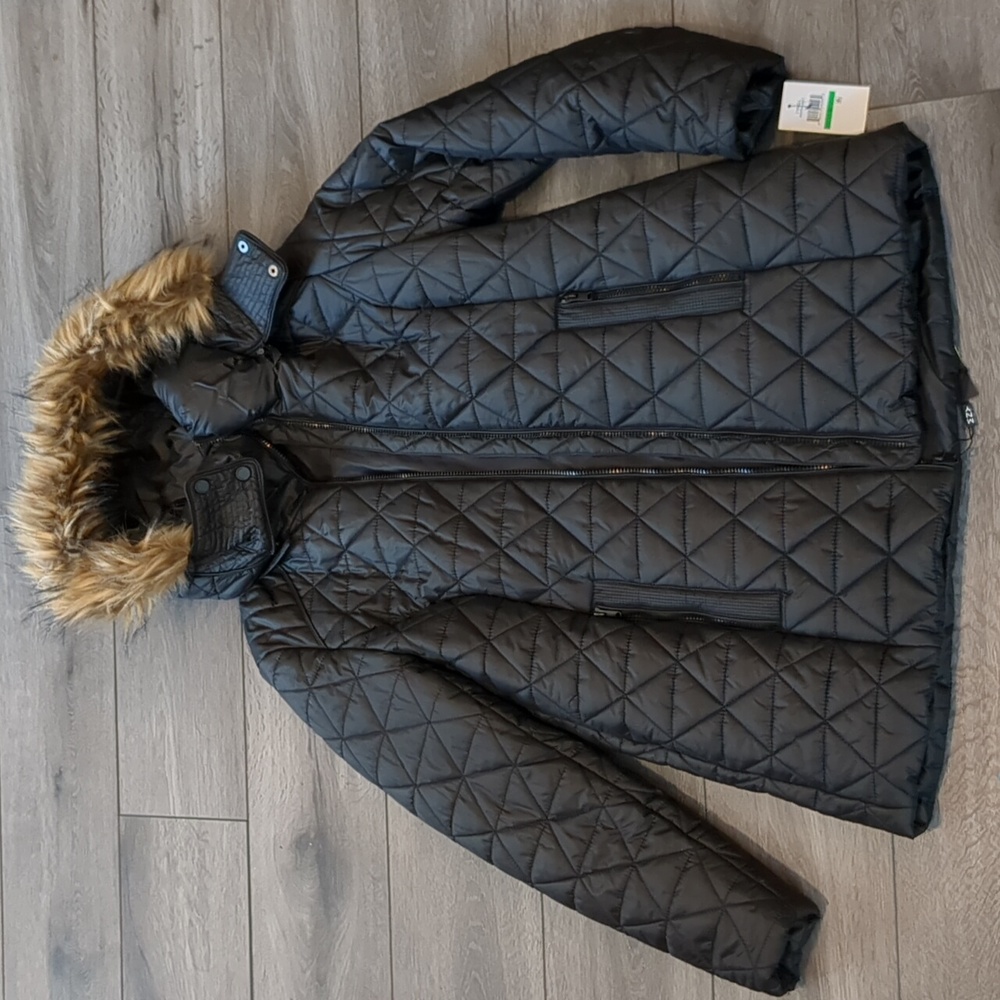 NWT Marc New York Black Chevron with Fur Hooded Coat, Size L
